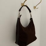 Vintage Gucci shoulder bag in brown nylon and leather with silver hardware. 