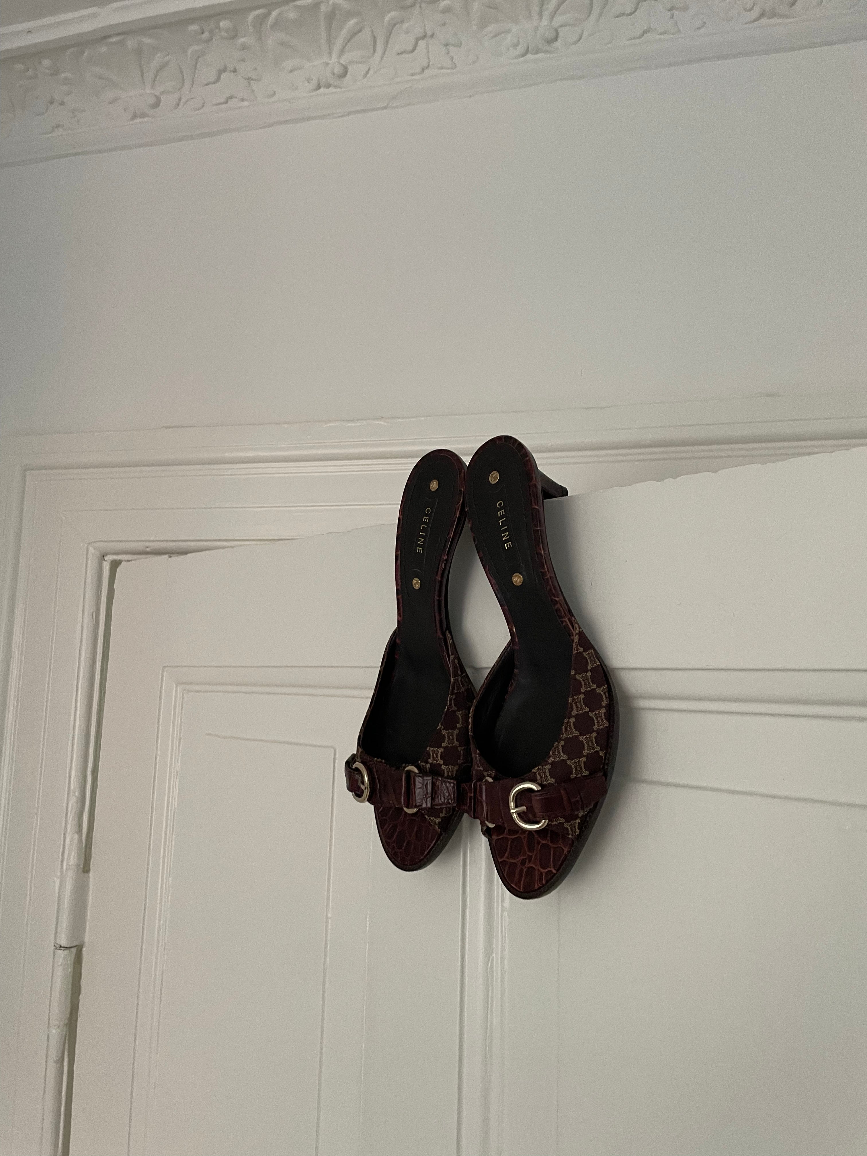 Cute Celine leather mules with a brown canvas and croc-embossed leather details.